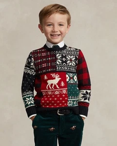 Polo Ralph Lauren Boys Patchwork Crewneck Wool Sweater Holiday Fair Isle 7 Kids - Picture 1 of 6