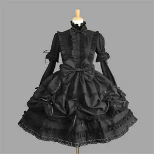 Gothic Lolita Maid Wear Girl Black Long Sleeves Dress Cosplay Costume Halloween - Picture 1 of 2