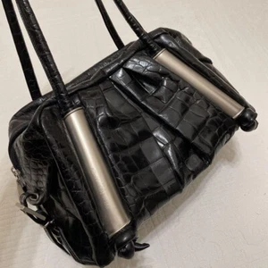 RENATO ANGI Croco Embossed Handbag Purse Leather in Black USED Good Condition !! - Picture 1 of 8