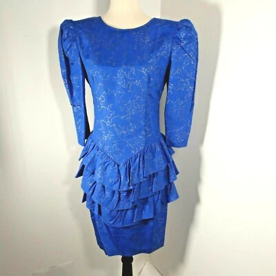 CREME Midi 连衣裙女式 7 Midi 蓝色金色蓬松袖褶边 80 年代垃圾复古 — 第 1/4 张图片