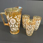 vtg Marigold Carnival Glass Pitcher 9.75" Hand Painted Sun Flowers w/ 2 glasses