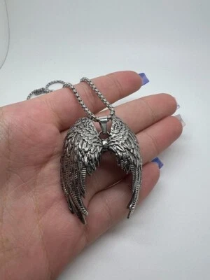 Necklace For Men or Women Large Stainless Steel Angel Wing Feather Pendant Gothi - Image 1 of 4