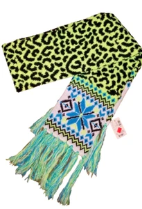 JUSTICE Girls Black, neon green ,blue fairaisle animal print knit scarf NWT - Picture 1 of 4