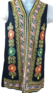 VINTAGE BLACK WOOL FLORAL EMBROIDERY MIDI TUNIC VEST 3 EYE HOOK CLOSURE NO TAGS - Picture 1 of 6