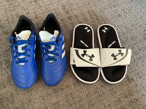 Pair of Kids’ Unisex Adidas Molded Cleats 1.5 & Underarmour Slides Size 1 Youth - Picture 1 of 13