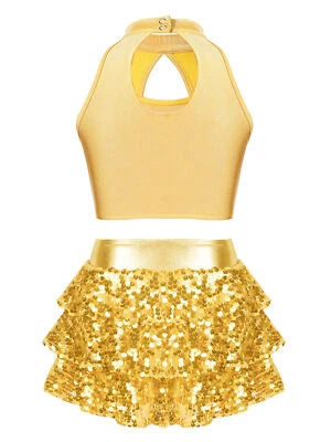 Kids Girls Ballet Dance Outfits Sequin Halter Crop Top with Shorts Culottes Set - Image 1 of 3