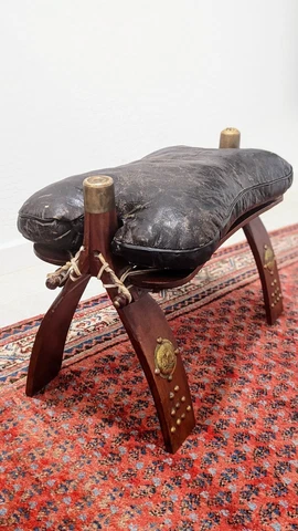 VTG Egyptian Camel Saddle Seat Ottoman Foot Stool Black Leather Wood Bench Boho Cover