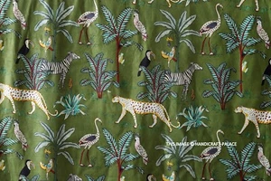 Indian Hand Block Tiger Print Handmade Cotton Sanganeri Fabric 5 Yard Running - Picture 1 of 6