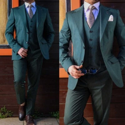 Men's Dark Green British Striped Suit Single Breasted Notch Lapel Suits 3pcs Set - Image 1 of 4