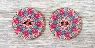 boho wood flowers sewing buttons 2 holes 1 inch  (set #1101) pink 2pc new - Image 1 of 2
