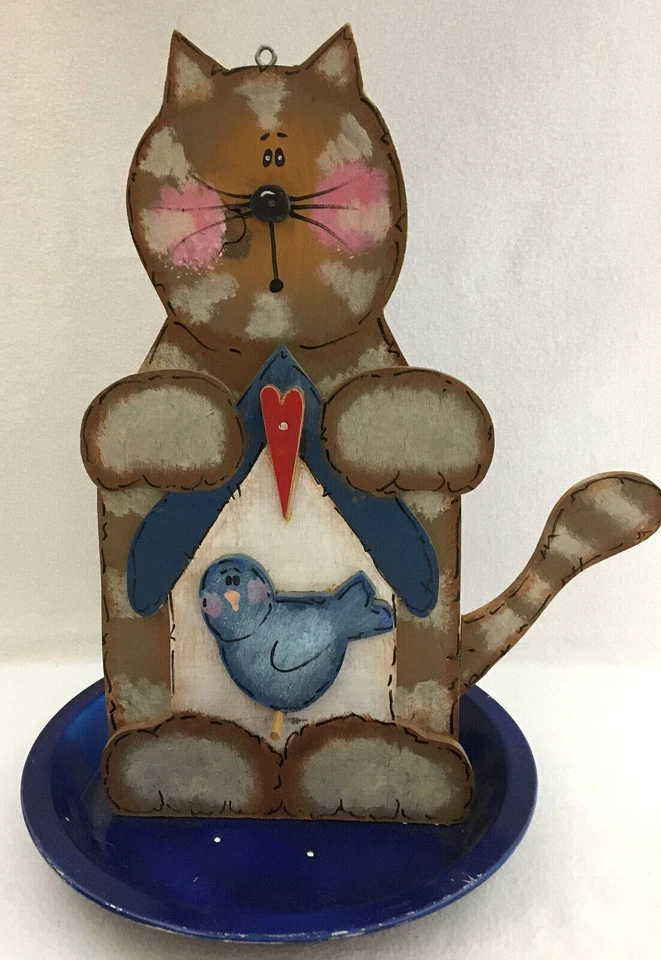 VTG Wood And Metal Hanging "Cat & Blue Bird" Feeder Hand Made Signed 14.5" Tall - Image 1 of 4