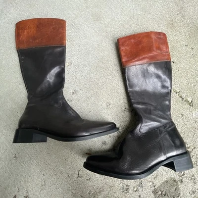 SESTO MEUCCI KNEE BOOTS LEATHER RIDING 7.5M BLACK WITH BROWN TRIM ITALIAN - Image 1 of 4