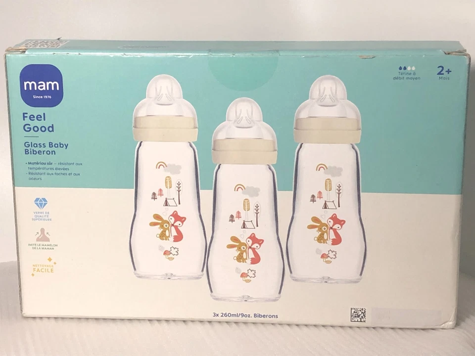 mam Feel Good Glass Baby Bottles 2 Months 9 oz. Bottles Set of 3 Beige