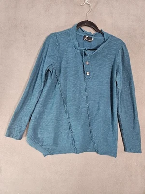 Женская футболка Fenini Lagenlook Henley художественная одежда боковые пуговицы богемно-зеленая маленькая - Изображение 1 из 4