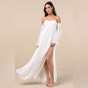Lulus Glorious Invite schulterfreies Maxikleid Large weiß Chiffon Schlitz Braut - Bild 1 von 11
