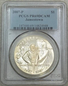 2007-P Jamestown Silver Dollar PCGS PR69DCAM White Deep Cameo Proof #T191Z - Picture 1 of 3