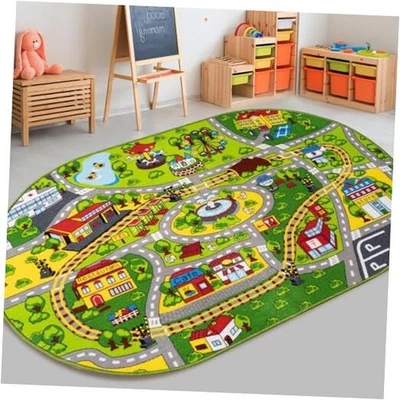  Alfombra de coche de tren para niños, alfombra de área de coche de carretera alfombra de juego ovalada para sala de juegos de habitación de niños  Foto 1 de 4