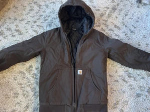 Carhartt Jacket Youth XL Brown Hooded Quilted Lined Full Zip Active Workwear - Picture 1 of 6