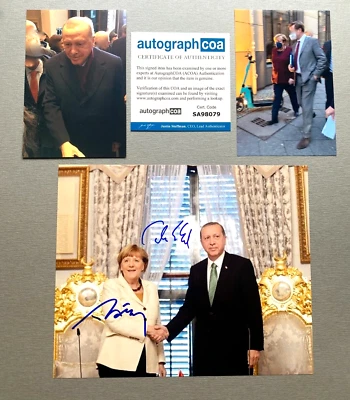 TAYYIP ERDOGAN & ANGELA MERKEL In-person signed Foto 20x25 Autogramm + COA ACOA - Bild 1 von 2