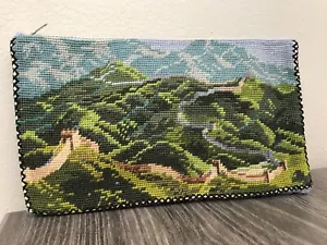 Vintage Hand Stitched Needlepoint Great Wall of China Zipper Purse Handbag - Picture 1 of 5