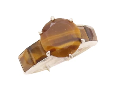 Anillo de plata de ley 925 vintage corte ovalado e incrustación de cuello ojo de tigre talla 8 RG28880 Foto 1 de 4