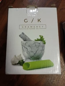 Gramercy Kitchen Mortar and Pestle Grinding Set Polished Marble White Grey Vein - Picture 1 of 6