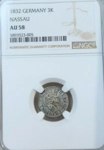 1832 GERMANY SILVER 3 KREUZER 3K GERMAN STATE NASSAU NGC AU 58 SCARCE HIGH GRADE - Picture 1 of 5