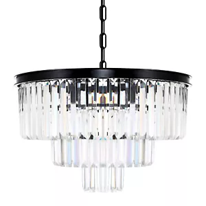 20" Modern K9 Crystal Waterfall Chandelier Pendant Ceiling Lamp Lighting Black - Picture 1 of 11