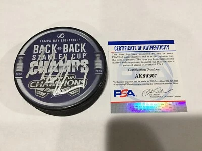 Tyler Johnson Signed B2B Back To Back Lightning Stanley Cup Puck PSA DNA COA b - Image 1 of 3