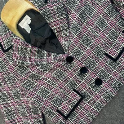 Chadwick's 14P Cropped Tweed Blazer Jacket Pink Plaid Wool Velour Trim Preppy - Image 1 of 4