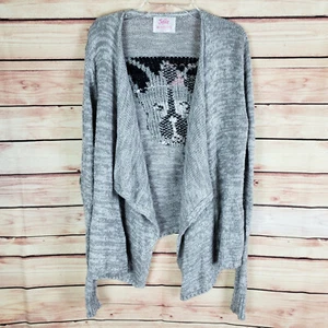 Justice Open front Cardigan Sweater Girls Sz 18 Gray Puppy Dog  Paw Elbow Patch - Picture 1 of 9