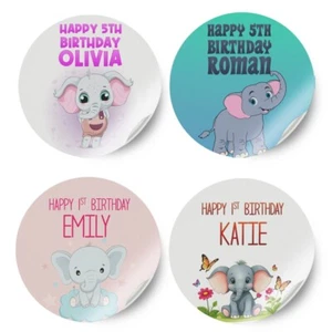 Personalised Elephant Design Any Name Birthday Sticker Party Decoration Label 31 - Picture 1 of 11