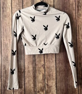 Playboy Ladies Crop Top Beige Black Bunnies Long Sleeves Open Back - Picture 1 of 4