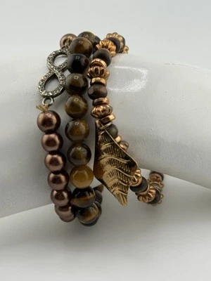 Lote De 3 Pulseras Apilables Cobre Ojos de Tigre Infinito Estrás Vidrio B-102 Foto 1 de 4