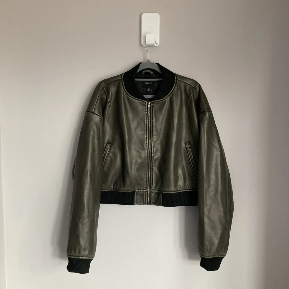 Boohoo Faux Leather Bomber Jacket Womens UK 16 Cropped Aviator Relaxed Boxy - Image 1 of 4