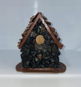 Handmade Birdhouse Rustic Cottage Black Obsidian Tumble Stone Decor - Picture 1 of 6