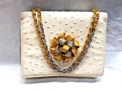 Vintage Gorgeous Maxim White Ostrich Handbag Gold Silver Flower Chain - Image 1 of 4