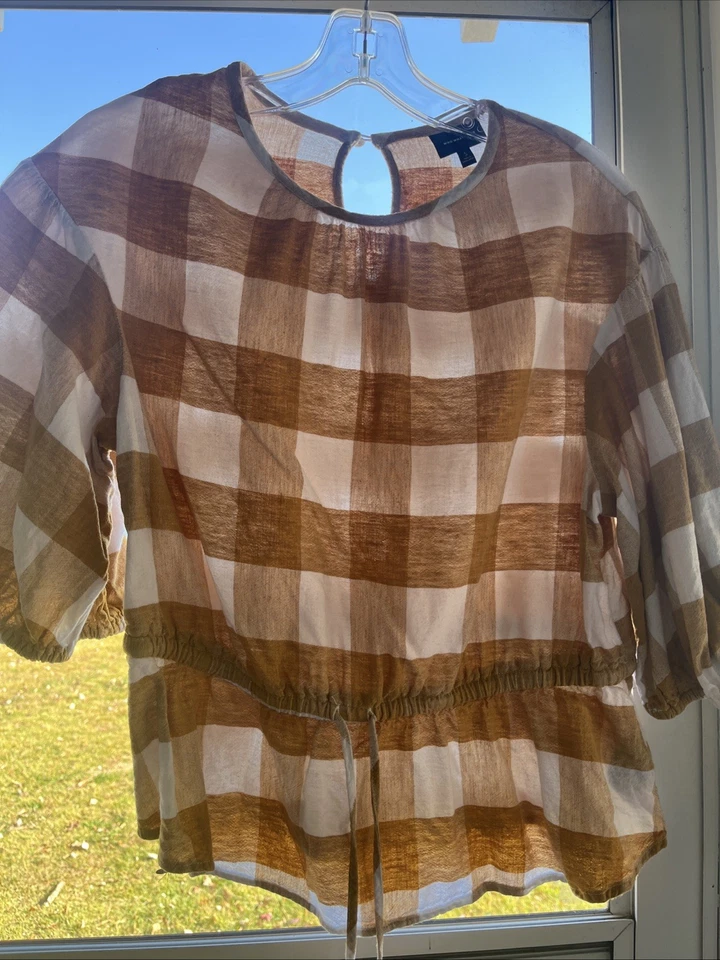 Who What Wear Womens Balloon Sleeve Linen Blend Blouse Size S Yellow Gingham - Image 1 of 4