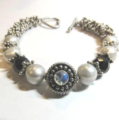 Fine Quality Handmade Sterling Silver Moonstone Pearl Toggle Clasp Bracelet 32gr - Image 1 of 4