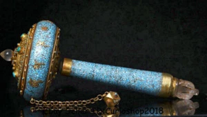 13.6" Old Tibet Buddhism Crystal Copper Gilt Turquoise Papar Texts Prayer wheel - Picture 1 of 9