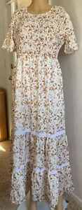 Petallush Shirred Maxi Dress Brown & White Floral Tiered Lined Cottagecore New - Picture 1 of 13