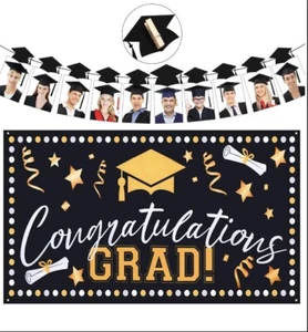 75" X 45" GRAD BACKDROP BANNER CONGRATULATIONS WITH PHOTO CLIPS~ POLYESTER - Picture 1 of 5