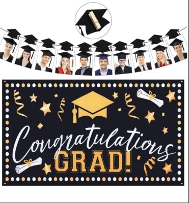 75" X 45" GRADO TELÓN DE FONDO BANNER FELICITACIONES CON CLIPS PARA FOTOS~ POLIÉSTER Foto 1 de 4