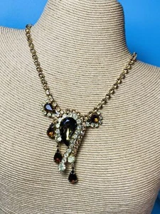 Vintage Estate Amber/Rootbeer Rhinestone Art Nouveau Pendant Choker/Necklace-16" - Picture 1 of 16