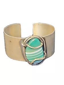 SIGNED ORB MODERNIST STERLING SILVER & 27MM MALACHITE CUFF BRACELET 40.4 GRAMS - Picture 1 of 12