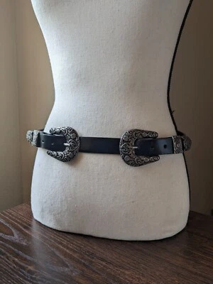 Black Faux Leather Women's 28 Silver Metal Floral Double Buckle Western Belt - Image 1 of 4