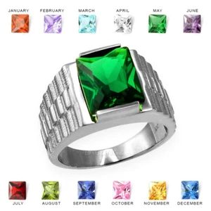 10K White Gold Mens Square CZ Birthstone Watchband Ring - Picture 1 of 21