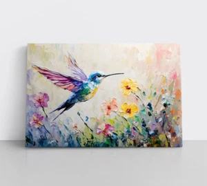 Kolibri & Frühling Wildblumen hübsches Gemälde Druck auf Leinwand Wandbild Deko - Bild 1 von 11
