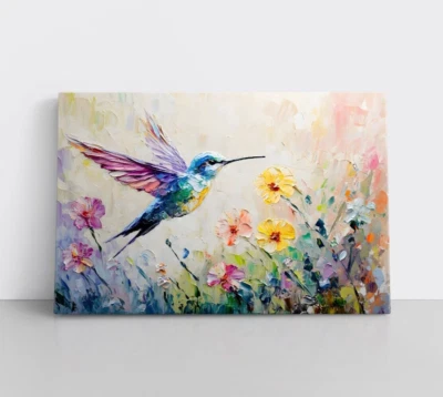 Bonita impresión de pintura sobre lienzo de arte de pared de colibrí y flores silvestres de primavera Foto 1 de 4