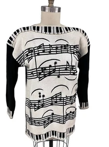 Vintage 80s Sandylo Lisa & Me Sweater Black & WHite Piano Keys Rare! O/S Tunic - Picture 1 of 8